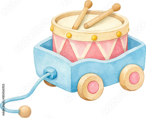 Colorful toy drum in blue pull cart pastel children's percussion instrument for kids playtime fun