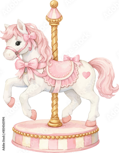 pink carousel horse with heart saddle cute whimsical merry go round animal illustration for children
