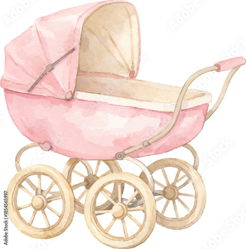 Vintage pink baby stroller with canopy, hand drawn watercolor illustration on white background