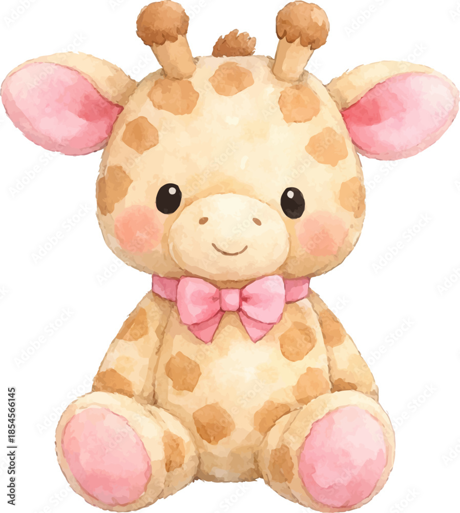 Fototapeta premium Cute plush giraffe toy with pink bow sitting upright, adorable baby animal character illustration