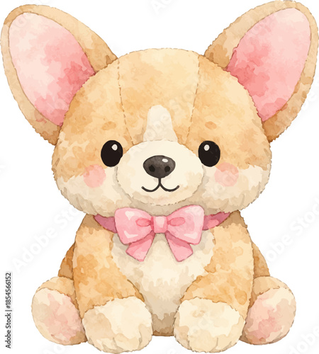 Cute corgi plush toy with pink bow adorable puppy sitting, pastel colors, kawaii illustration