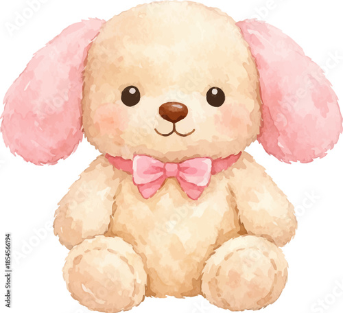 Fluffy pastel dog plush toy with pink ears and bow, cute stuffed animal for kids