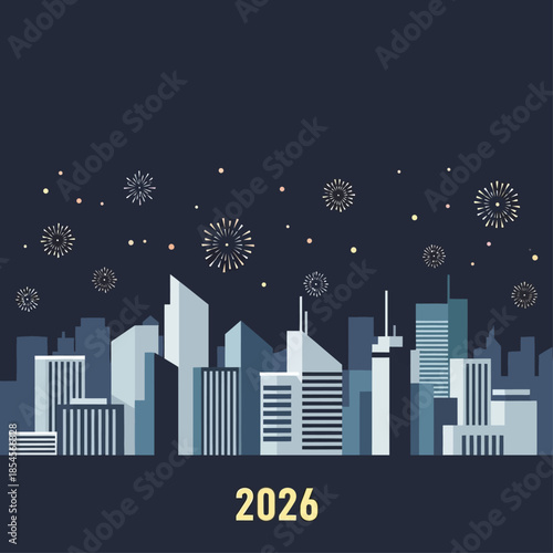 Illustration of a futuristic city skyline with fireworks celebrating the arrival of 2026