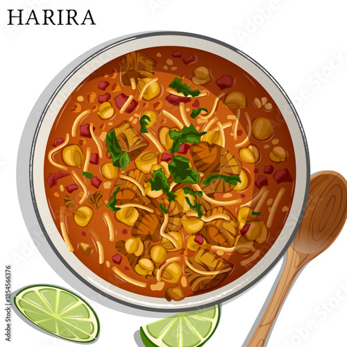 Harira Soup Bowl Illustration – Moroccan Ramadan Soup with Chickpeas, Lentils, Vermicelli, Chicken, Fresh Lime & Wooden Spoon Top View – Traditional North African Cuisine