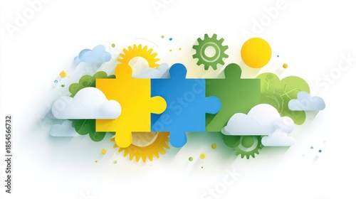 Colorful conceptual illustration featuring jigsaw puzzle pieces, clouds, gears, and organic elements