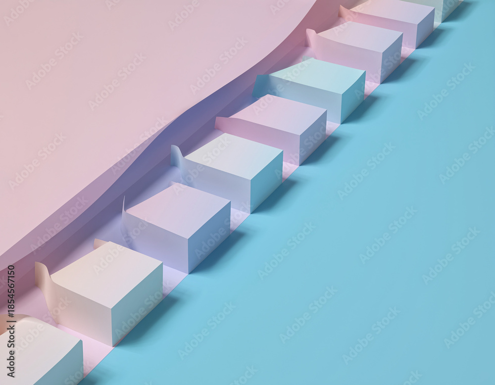 Obraz premium Minimal 3D pastel staircase with cubes on blue and pink background