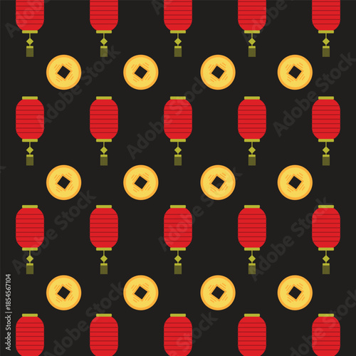 Flat red hanging Chinese lantern with golden coin seamless pattern background for Chinese New Year celebration.