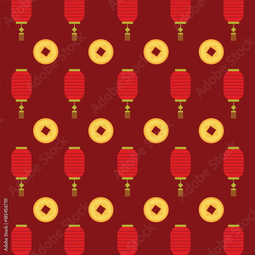 Flat red hanging Chinese lantern with golden coin seamless pattern background for Chinese New Year celebration.
