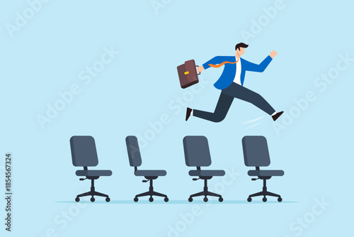 Flat illustration of businessman jumping across office chairs symbolizing job hopping career change job transition and new employment opportunity