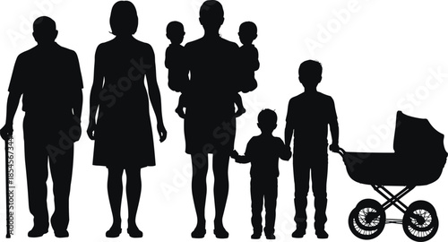 Silhouette of a Family with a Baby Stroller and a Cane