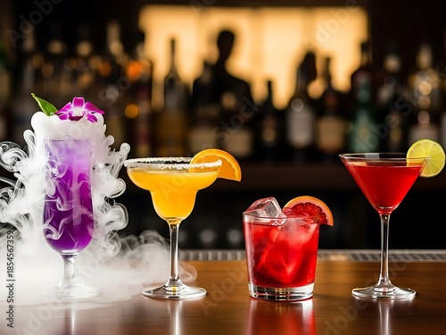 Vibrant craft cocktails including a smoking purple drink and classic margarita displayed on a polished wooden bar top