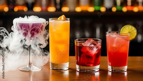 Vibrant craft cocktails including a smoking purple drink and classic margarita displayed on a polished wooden bar top