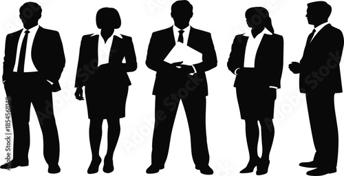 Professional business team silhouettes standing together in formal suits for corporate leadership and successful office teamwork concepts
