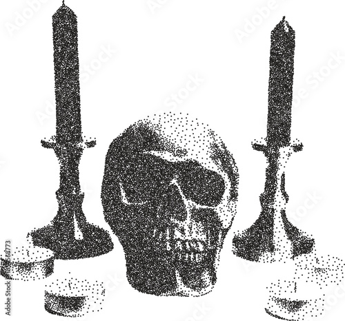 Skull vintage y2k stipple art, bones halftone stipple brutalist retro vector png with transparent background, macabre 2000s aesthetic photocopy effect tattoo