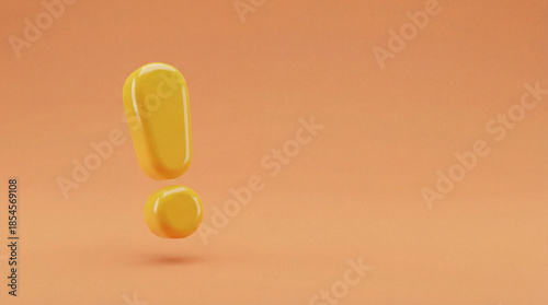 Floating yellow exclamation mark symbol on soft orange background representing alert, notification, warning and important message
