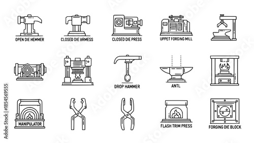 Forging machines performing shaping processes in metalwork black line industrial factory or forging tools performing shaping processes in workshop outline illustration