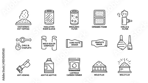 Foundry components displaying types for casting process isolated or Metallurgy additives exhibiting usage in metalworking industrial setting