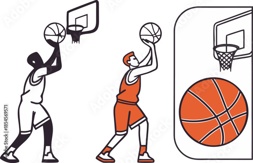 Two Basketball Players Shooting and a Basketball Near a Hoop on White Background Keywords: basketball, sport, game, players, shooting, hoop, ball