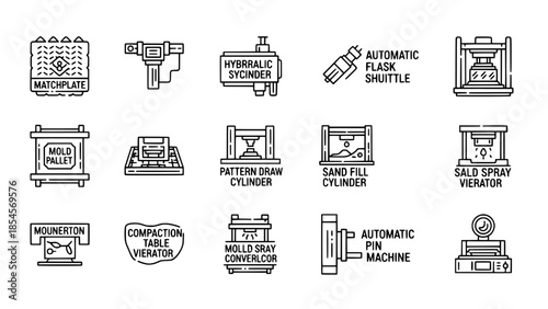 Foundry machines producing metal molds in industrial setting vector graphic or Metalworking process equipment creates molds in factory line art