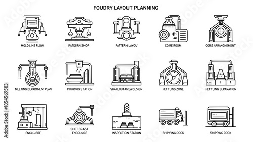 Foundry machinery displaying processes in black outlines or industrial manufacturing equipments showing work operations in plant or metalworking instruments performing procedures in factory