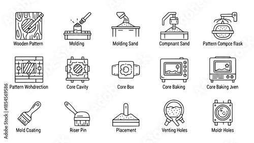 Foundry tooling outlines depicting molding techniques for manufacturing in mechanical workshop or foundry process or casting process