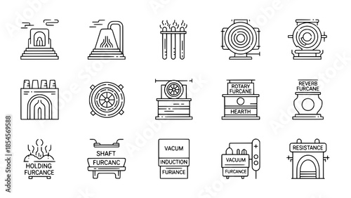 Furnaces collection showing different models in line art on white or Industrial furnaces displaying various designs in outline on white
