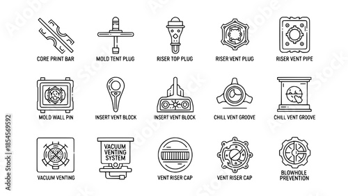 Foundry tooling components presenting different structures in manufacturing or industrial context or Industrial casting parts display metalworking tools on white backdrop