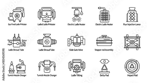 Gas equipment icons display process or steelmaking industry or equipment icon showing metallurgy production scene industrial element