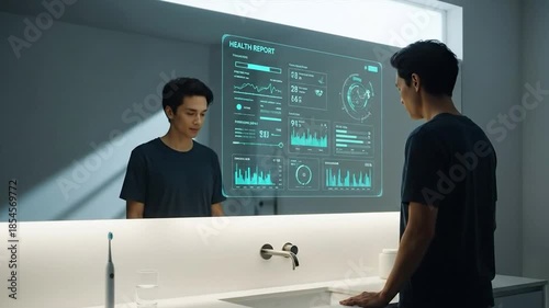 Person Viewing Holographic Health Report on Modern Bathroom Mirror