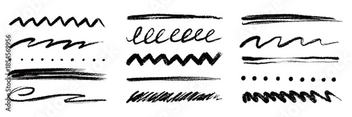 Hand drawn brush strokes and sketch marker underline set. Textured chalk pencil marks, crayon scribbles, scratch paint lines. Crayon grunge texture brush stroke highlight shapes. Vector illustration