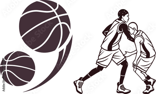 Two Basketballs and Two Players Playing Defense on White Background Keywords: basketball, sport, game, players, defense, two basketballs, purple