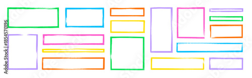 Hand drawn rectangle frame with brush strokes and rough edges. Color photo rectangle, box border. Hand drawn brush stroke texture stamp shape set with rough edge effect. Vector illustration