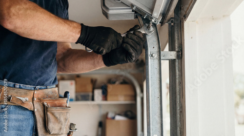 Technician repairing residential garage door mechanism with tools and gloves in workshop setting for maintenance and safety