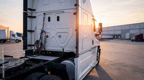 white semi truck cab parked at distribution center yard during sunset with industrial warehouse buildings in background