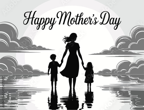 Happy Mother’s Day Silhouette, Mother with Children at Water Reflection Scene