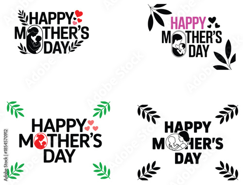 Happy Mother’s Day Typography Logo Collection with Leaves and Heart Accents