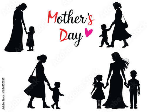 Mother’s Day Silhouette Collection of Mothers and Children in Black Vector Style