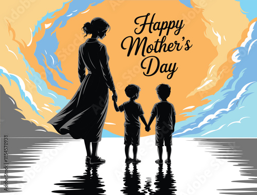 Happy Mother’s Day Silhouette with Mother and Children at Sunset