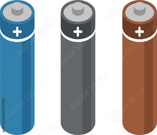 Set of three colorful alkaline batteries vector illustration for energy power supply and electrical equipment concepts