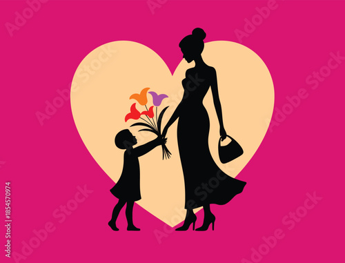 Mother and Child Silhouette with Flowers in Heart Shape Background