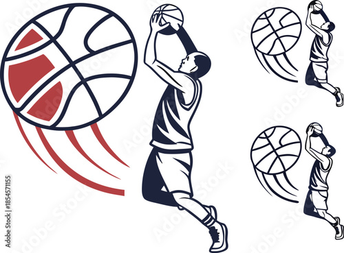 Basketball player in action with multiple smaller illustrations and red motion lines