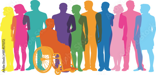 Diverse group of colorful silhouettes including a person in a wheelchair for community inclusion and diversity concepts