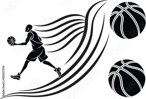 Basketball Player Running With Abstract Swirls And Two Basketballs silhouette sport