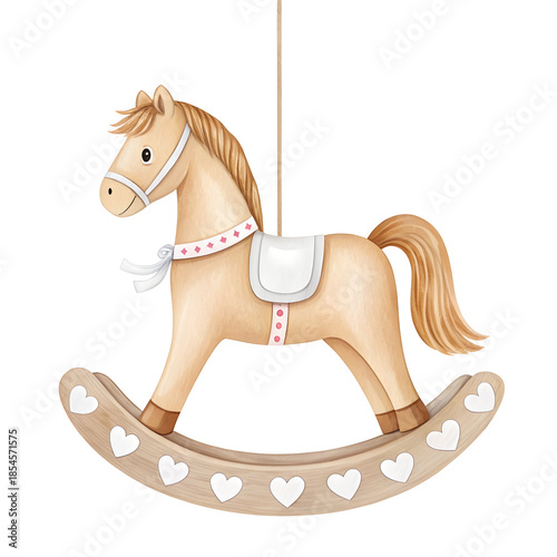Watercolor rocking horse toy with hearts isolated on a transparent background