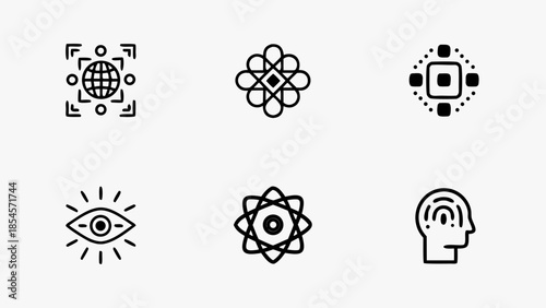 Symmetric neural network structure graphics with globe eye and head icons