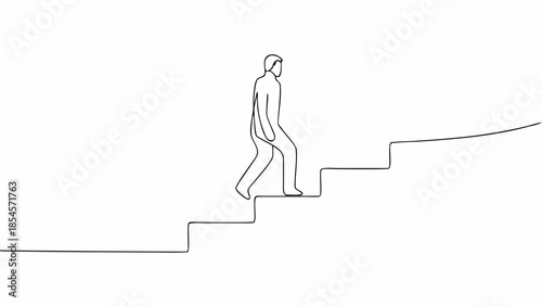 Continuous line drawing of a man walking upward on a modern staircase