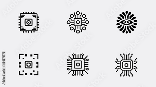 Six black and white illustrations of microchip circuit board designs with eye