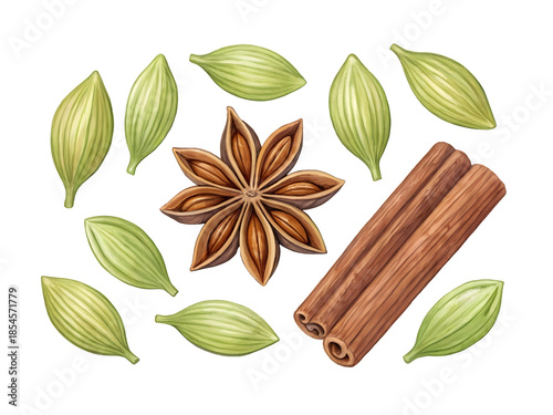 Watercolor Star anise cardamom pods and cinnamon sticks isolated on a transparent background