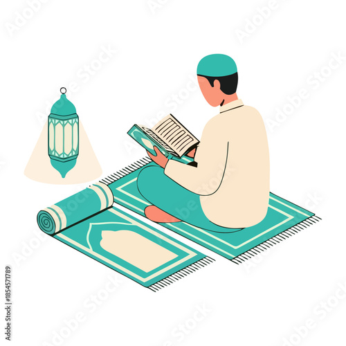 Serene illustration of a Muslim man engaged in spiritual devotion, thoughtfully reading sacred scripture on a prayer rug, illuminated by a traditional lantern, embodying peace and reflection