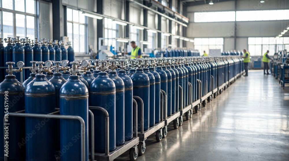 Fototapeta premium industrial gas cylinders aligned in modern manufacturing facility with workers inspecting equipment in spacious production warehouse